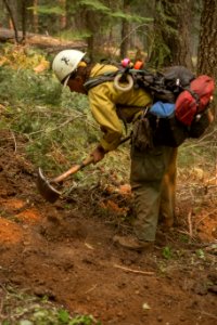 Firefighter digs line, Rattlesnake Fire, 2017