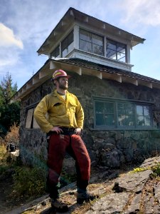 Beachie Creek Fire, BLM Hydrologist Peter Kauss after clearing flammable debris from around Peachuck Lookout, 9-30-2020