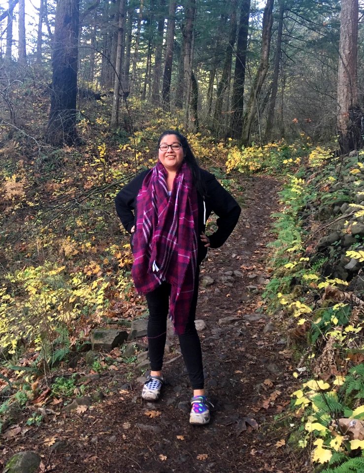 Local hiker Beatriz, enjoys a hike mid-week to miss the weekend crowds and appreciate the newly opened trails, Columbia River Gorge National Scenic Area