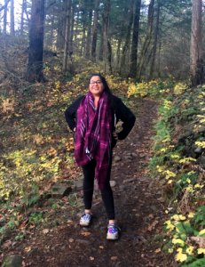 Local hiker Beatriz, enjoys a hike mid-week to miss the weekend crowds and appreciate the newly opened trails, Columbia River Gorge National Scenic Area