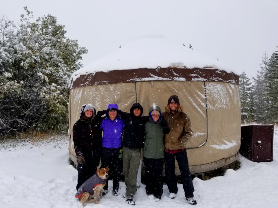 ChelanRidgeHawkWatchSnowEvent-CrewAtCampInFrontOfYurtBeginningOfTheStorm ChelanRD-OkaWenNFbyJanet MillardUSFS 2019-09-28