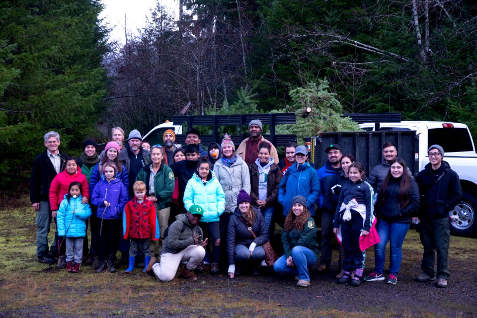 Group photo a at holiday tree outing at Gifford Pinchot National Forest, November 2018. Photo by Sandy Burks.