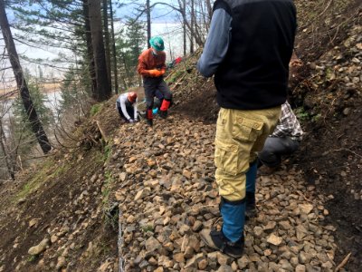 201903 Trailkeeper volunteers clear rockfall from Wahkeena Trail in early spring 2019 Photo by Josh Durham 01