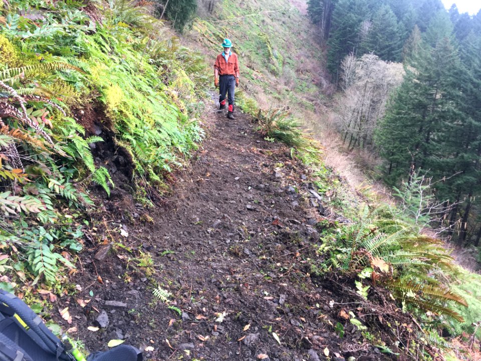 20190406 CRGNSA Trailkeepers clearing rock & debris & clearing drainage, on the Wahkeena Trail. Photo courtesy of Josh Durham 05