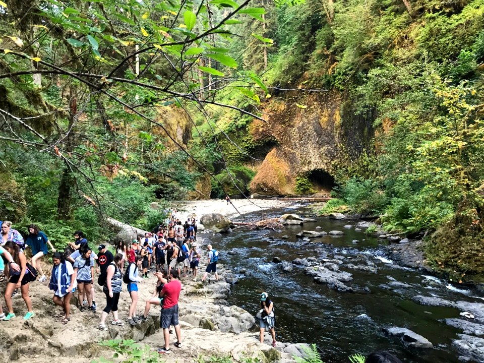 Hikers gather near the water during the early moments of the fire. Photo courtesy of Noah Brown.