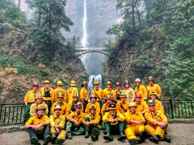Firefighters at Multnomah Falls at Eagle Creek Fire September 2017. Photo courtesy of Multnomah County Sheriff's Office Search and Rescue.