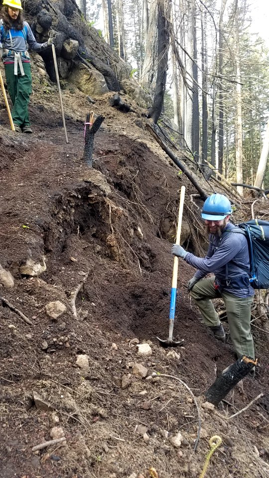 Forest Service Trail Crew Tests Slope Stability on Upper Wahkeena Trail, photo by US Forest Service Public Affairs Specialist Lillian Palmer.