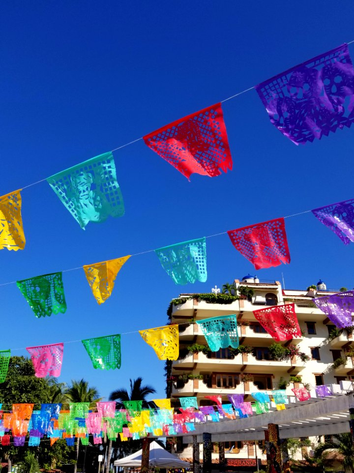 Blue sky and flags