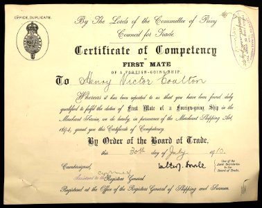 Henry Victor Coulton's Mate's Certificate 1910