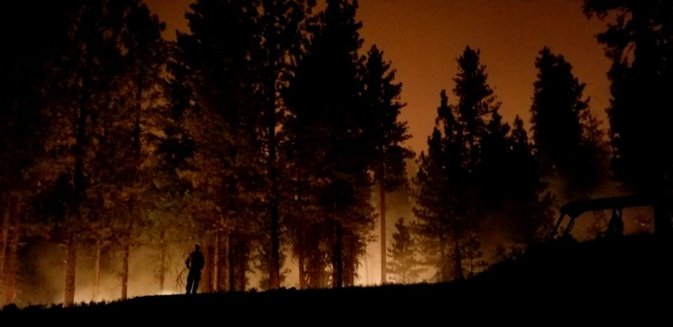 A firefighter monitors the progress of the Canyon 66 Prescribed fire at night photo