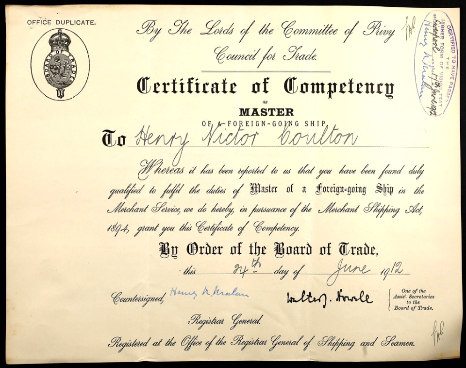 Henry Victor Coulton's Master's Certificate 1912