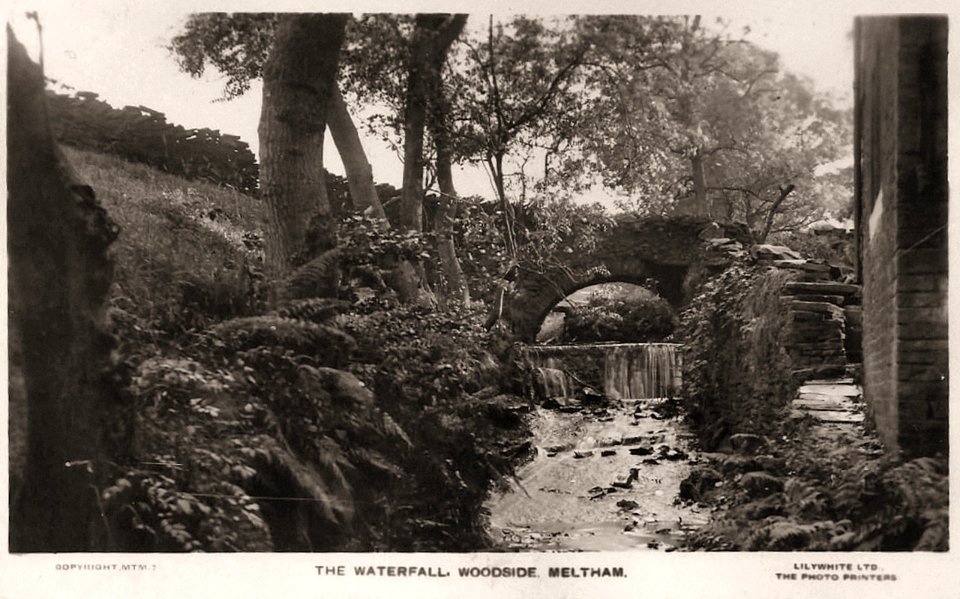 1930 postcard captioned 'The Waterfall, Woodside, Meltham'