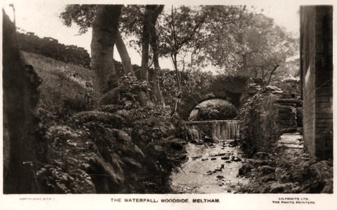 1930 postcard captioned 'The Waterfall, Woodside, Meltham'