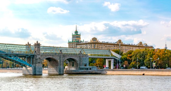 View of the pedestrian bridge over the Moskva river from Gorky Park, September 2019