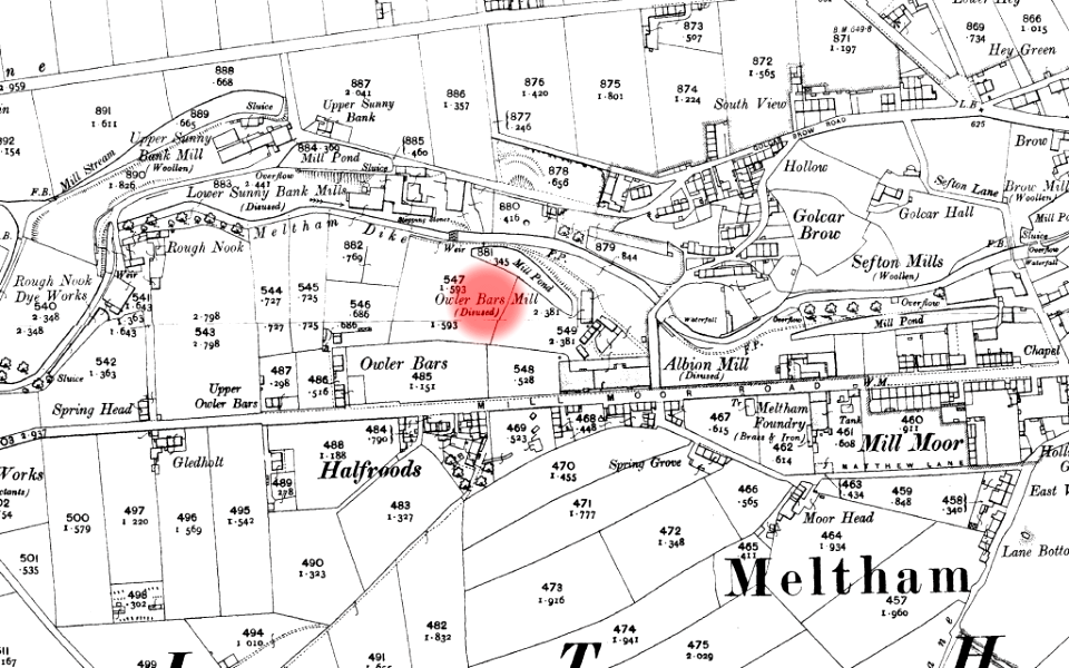 1906 map showing the location of Owler Bars Mill, Meltham