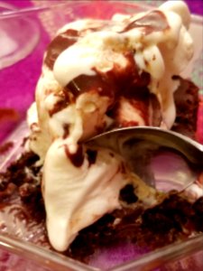 Brownies with ice cream chocolate sauce photo