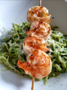 Day 202 more food. Zucchini noodles with pesto and grilled prawns