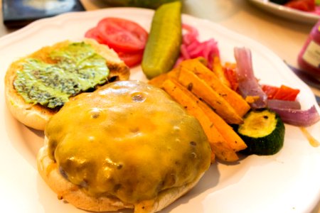 Cheeseburger and roasted veggies