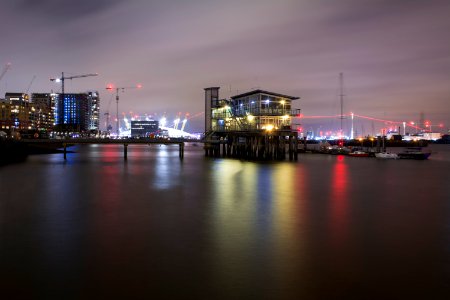 The O2 and the Emirates Airline see from Greenwich Yacht Club at night