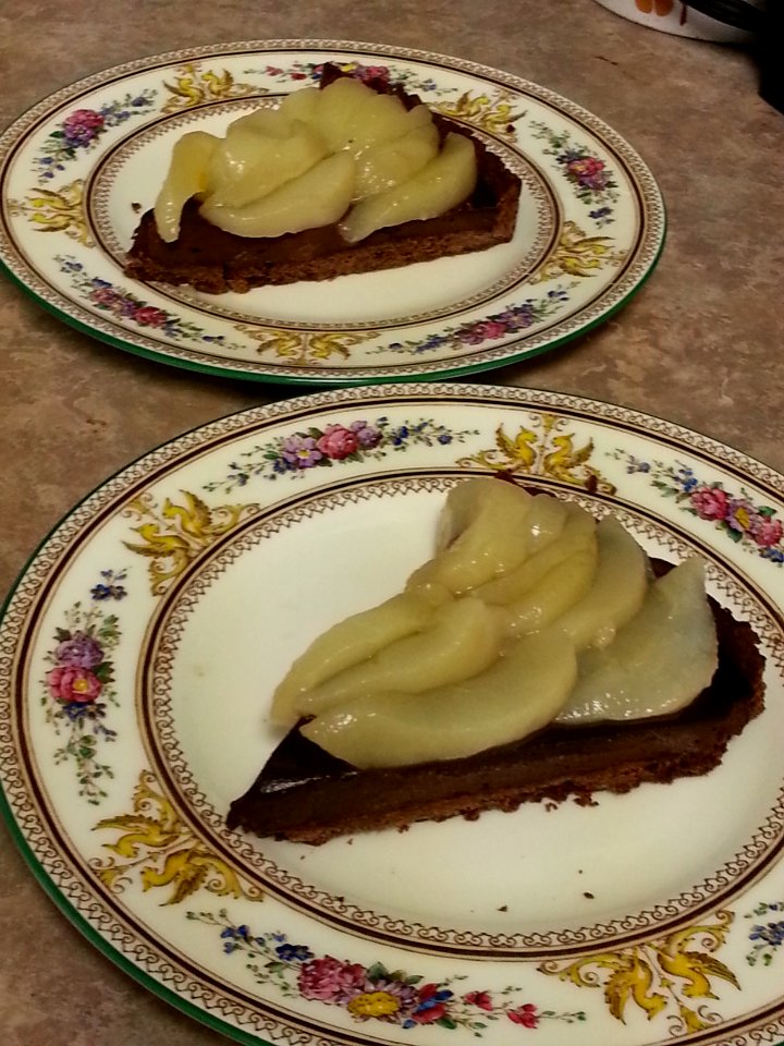 spiced chocolate pear tart pieces