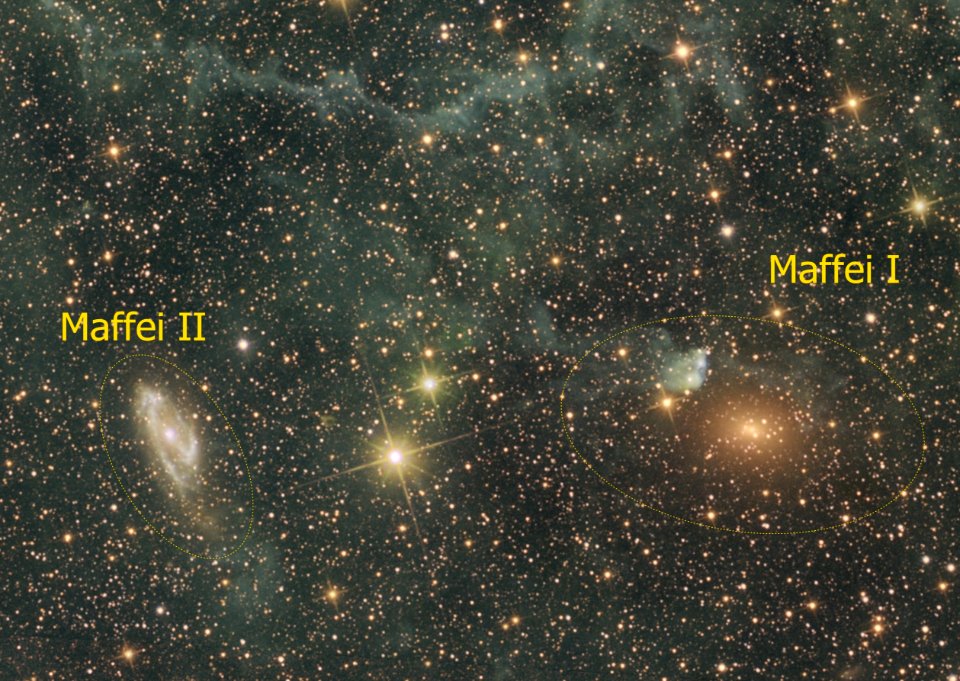 Maffei I and Maffei II galaxies (labelled)