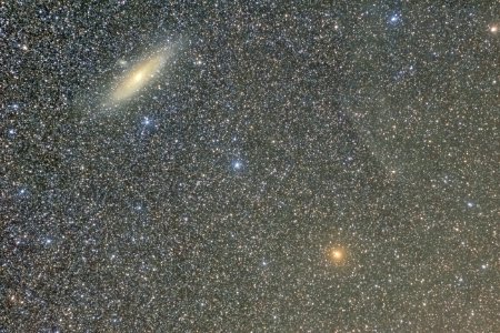 Andromeda galaxy and Mirach 85mm (10x14 deg) photo