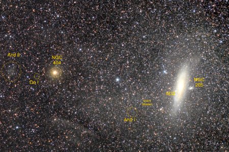 Messier 31, Messier 32, NGC 205, NGC 404, Andromeda I, Andromeda II, Donatiello I galaxies
