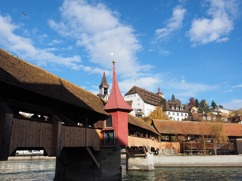 Water lake lucerne region wooden bridge
