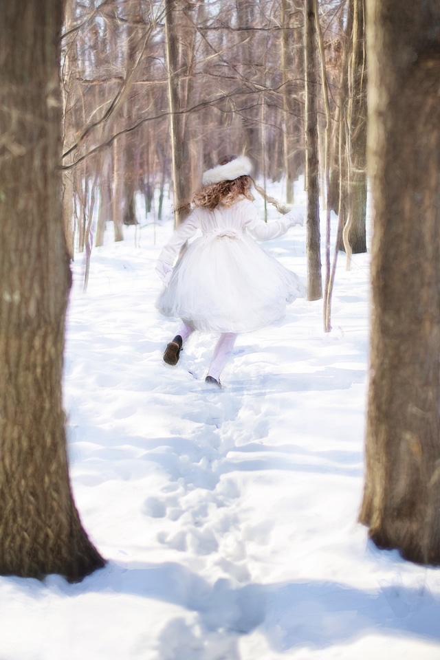 Little girl running forest happy