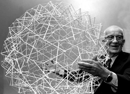 R. Buckminster Fuller holds up a Tensegrity sphere. 18th April, 1979. photo