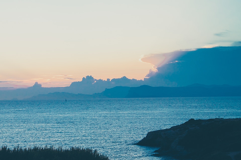 Water mountains sunset