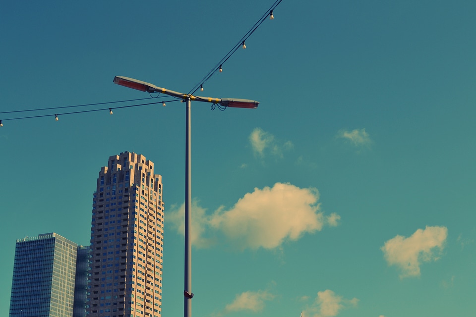 Lamp post string lights buildings