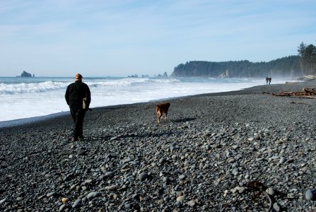visitor walking dog leash rialto beach hikers c bubar march 06-2015