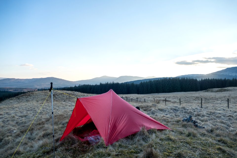 Trailstar pitched on Shield Rig with Galloway Forest Park in background