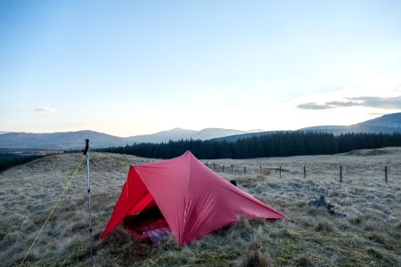 Trailstar pitched on Shield Rig with Galloway Forest Park in background