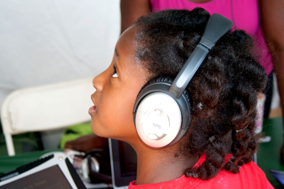 Youth participant learning about sound monitoring and natural sounds. Photo by NPS/Todd M. Edgar.