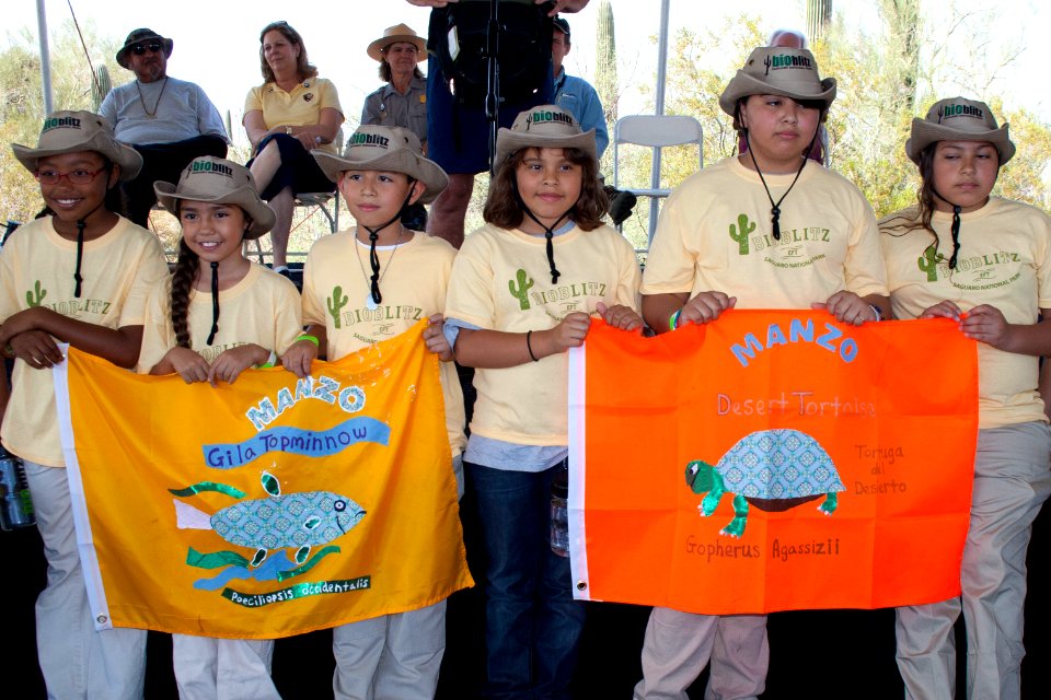 Students with their biodiversity flags. Photo by NPS/Todd M. Edgar.