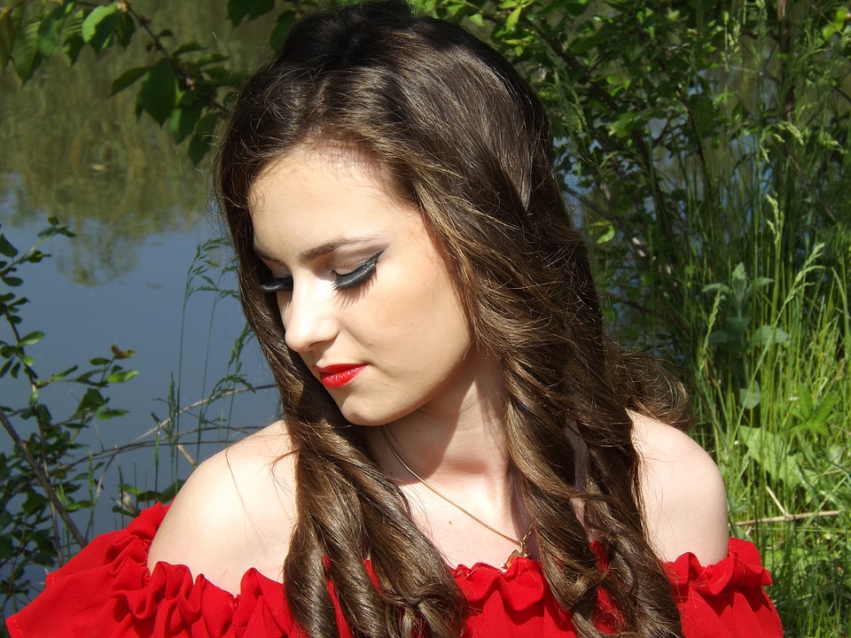 Beauty long hair red lipstick