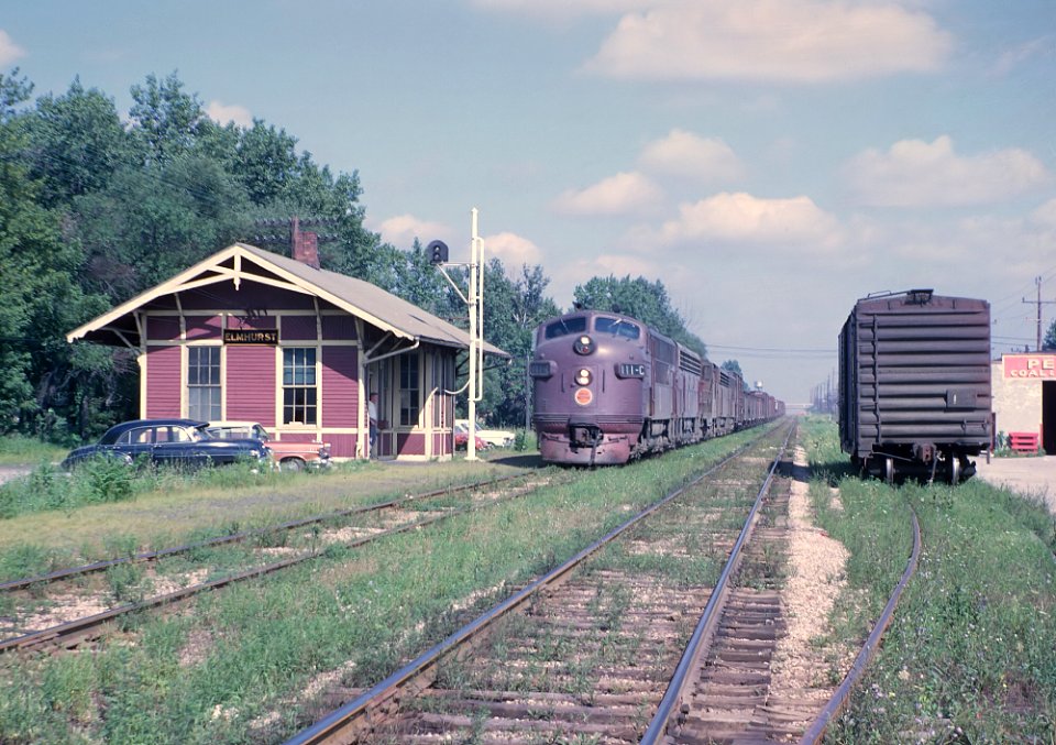 CGW 111-C (F3A) westbound freight  passing the Elmhurst, Illinois station on August 14, 1962
