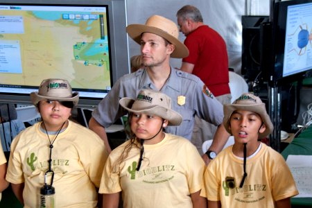 Saguaro National Park ranger and student taping an electronic field trip. Photo by NPS/Todd M. Edgar. photo