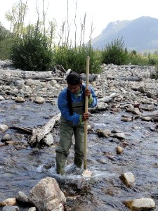 Looking for biodiveristy in a stream in Rocky Mountain National Park. NPS photo.