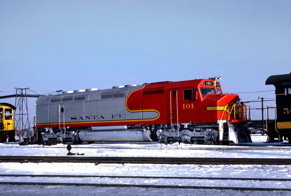 ATSF 101 (FP45) brand new at Corwith Yard, Chicago, IL on January 17, 1968