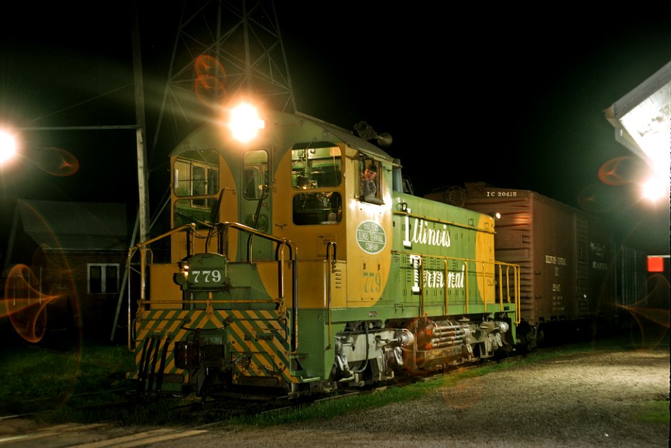 Illinois Terminal Company SW1200 779 at White Heath, IL depot on IC trackage on May 2, 1966