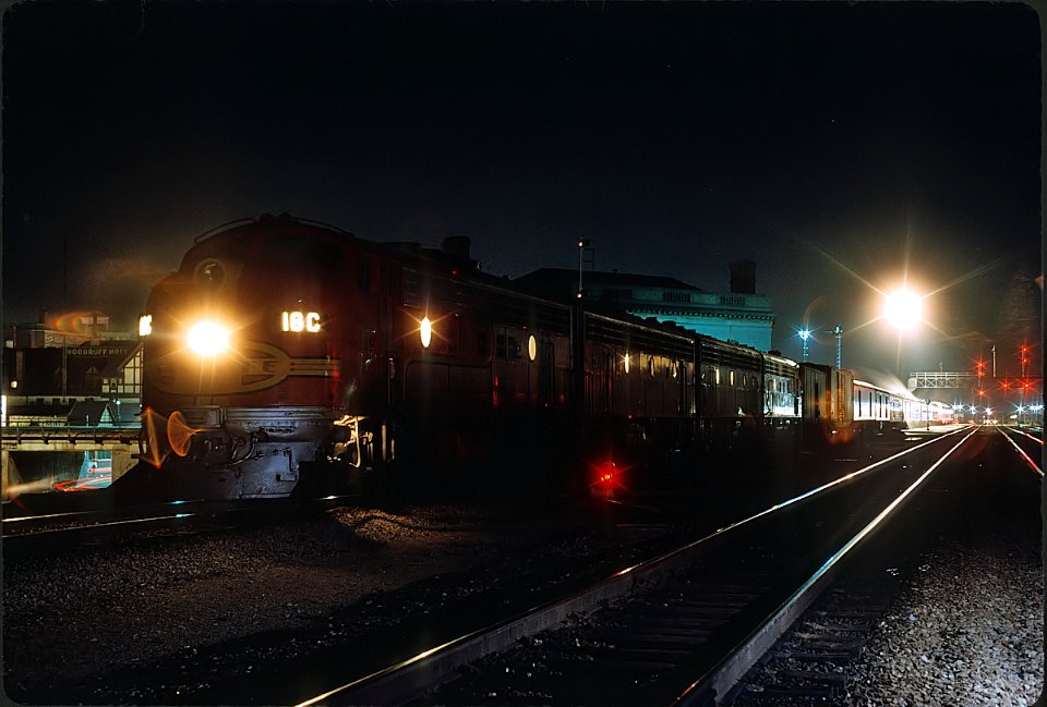 AT&SF 16C, a F3A with Train #15, the Texas Chief stopped at Joliet Union Station in April 1964