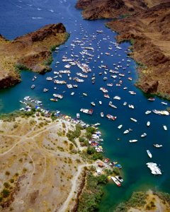 Aerial views of boater traffic on Lake Havasu, taken on Saturday during the Memorial Day weekend. Views of traffic in Steamboat Cove.