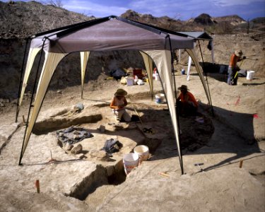 Views of an archeological dig near Lake Las Vegas. The dig is a pit house dating between 400 and 600 AD. It appears to be an Anasazi habitation structure.