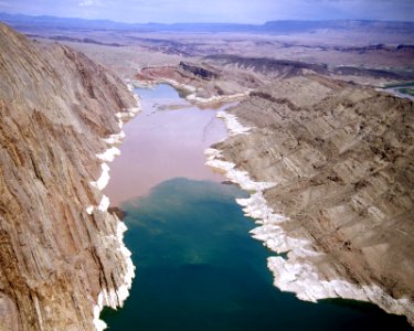 Aerial views of the Colorado River beginning at Iceburg Canyon in the upper end of Lake Mead (water level 1,143 ft) and continuing to the delta of the lake at the lower end of the Grand Canyon