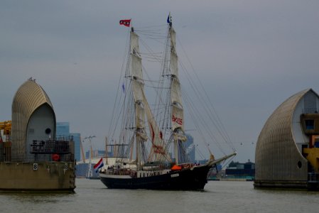 The Magnificent Dutch Brig TS Mecedes, Thames Barrier, Woolwich Reach, London photo