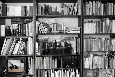 Black and white bookshelf study photo