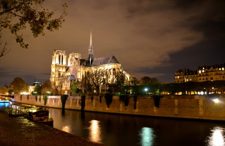 Cathedale Notre-Dame and the River Seine at Night, Paris, France photo